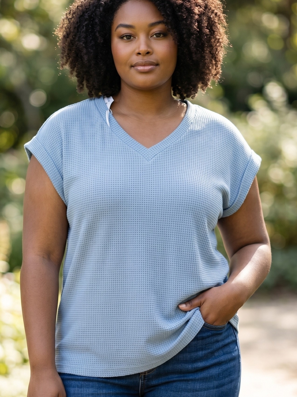 Andree By Unit Classic V-Neck Waffle Knit Top - Light Blue